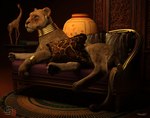 carpet chair ear_piercing female feral furniture inside looking_aside lounge_chair lying on_side pawpads piercing solo tail sherwood felid lion mammal pantherine 2023 3d_(artwork) digital_media_(artwork)