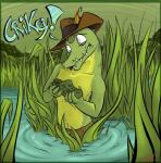 anthro australia australian clothing detailed_background exclamation_point feathers footwear hat headgear headwear humor male nature outside solo swamp text water wet bylika190 crocs steve_irwin alligatorid caiman crocodilian reptile scalie 2014 english_text hi_res signature