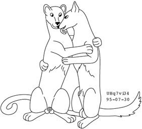 animal_genitalia balls duo feral fur genitals hug hugging_another interspecies licking male sheath simple_background sitting tail tongue white_background urbanhermit canid canine canis cougar felid feline mammal wolf 1995 black_and_white dated low_res monochrome