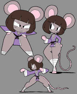 anthro bandage bandaged_leg black_eyes blush blush_lines breasts brown_hair cleavage clothed clothing feet female flat_chested grey_background grey_body hair keikogi looking_at_viewer martial_arts_uniform pose simple_background small_breasts solo sportswear tail thick_thighs wide_hips usagibun1 ida_(usagibun1) mammal mouse murid murine rodent 2024 digital_media_(artwork) hi_res