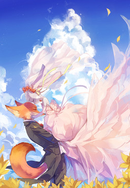 anthro black_tie_(suit) carrying_another chinese clothed clothing dress duo eyes_closed female flower foreheads_touching fur grey_body grey_fur happy holding_character kemono long_ears male orange_body orange_fur outside plant romantic romantic_ambiance romantic_couple smile suit wedding wedding_dress wind cpkon disney zootopia judy_hopps nick_wilde canid canine fox lagomorph leporid mammal rabbit red_fox true_fox