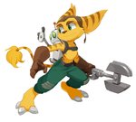 anthro barefoot clothing duo feet fur gesture gloves green_eyes hand_gesture handwear machine male simple_background thumbs_up tools nemurism ratchet_and_clank sony_corporation sony_interactive_entertainment clank_(ratchet_and_clank) ratchet_(ratchet_and_clank) lombax mammal robot 2011