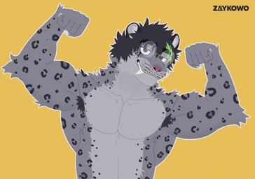 anthro armpit_hair black_hair body_hair eyewear fangs fluffy fur glasses grey_body grey_fur hair male muscular smile solo teeth wearing_glasses yellow_eyes zaykowo felid mammal pantherine snow_leopard hi_res