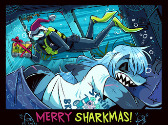 5_fingers ambiguous_gender anthro bedding beverage_can blanket blue_body blue_hair christmas_clothing christmas_headwear clothing duo eyebrows eyewear faceless_ambiguous faceless_character faceless_human female fingers gloves goggles hair handwear hat headgear headwear holidays lying on_side open_mouth pillow santa_hat scar scuba_gear sharp_teeth shirt sleeping t-shirt tail teeth text text_on_clothing text_on_shirt text_on_topwear topwear underwater water herny christmas jawlene_(herny) fish human mammal marine shark english_text hi_res