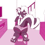 anthro bedroom_eyes big_butt butt chair clothing female fishnet_clothing fishnet_stockings furniture lingerie looking_at_viewer looking_back narrowed_eyes on_chair presenting presenting_hindquarters seductive slightly_chubby slightly_chubby_female solo king-triangle mammal mephitid skunk 1:1 2023 hi_res