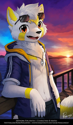 anthro black_bottomwear black_clothing black_nose black_pants blonde_hair blue_clothing blue_jacket blue_topwear bottomwear clothed clothing cloud fur glistening glistening_eyes hair jacket leaning leaning_backward looking_at_viewer male multicolored_hair orange_clothing orange_eyes orange_jacket orange_topwear outside pants sky solo standing sunset text topwear two_tone_hair white_body white_clothing white_fur white_hair white_jacket white_topwear yellow_body yellow_fur penguinexperience ailurid mammal red_panda english_text portrait signature three-quarter_portrait url