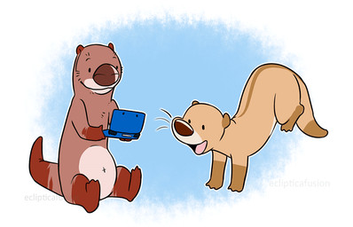 ambiguous_gender animated_gif beady_eyes belly big_nose bouncing brown_body brown_fur brown_nose chibi dancing duo electronics excited feral fur game_console gaming happy nude open_mouth playing_video_game simple_background sitting slightly_chubby smile tan_body tan_fur eclipticafusion nintendo nintendo_ds nintendo_ds_family mammal mustelid otter 2014 animated frame_by_frame short_playtime
