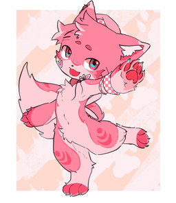 abstract_background anthro bandage bandage_on_face blue_claws border claws countershade_face countershade_fur countershade_tail countershade_torso countershading digitigrade dipstick_ears ear_markings feet fluffy fluffy_tail fur inner_ear_fluff kemono kerchief male markings multicolored_ears open_:3 pawpads pink_body pink_fur pink_markings pink_pawpads pointy_ears prick_ears red_kerchief solo tail toeless_(marking) tuft white_border white_inner_ear_fluff yzmycl canid canine mammal digital_drawing_(artwork) digital_media_(artwork) flat_colors full-length_portrait hi_res portrait