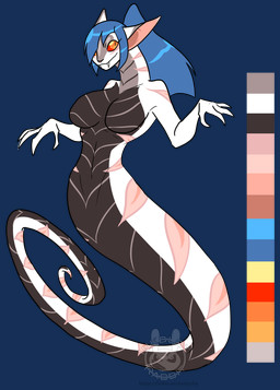 anthro apode black_body black_scales blue_hair breasts claws closed_smile color_swatch fangs female grey_body grey_scales hair hair_over_eye legless long_ears long_tail markings mouth_closed multicolored_body multicolored_scales navel nude pink_stripes ponytail pupils red_eyes scales serpentine slit_pupils smile solo striped_markings stripes tail teeth two_tone_body two_tone_scales white_body white_scales nat-cha fan_character draconcopode naga tatzelwurm alpha_channel hi_res story story_in_description