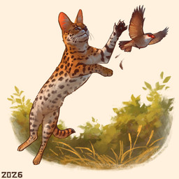 action_pose ambiguous_gender beak black_nose black_pawpads brown_spots brown_stripes claws duo feathers feral flying fur grass hunting jumping leaf markings multicolored_body multicolored_fur orange_beak orange_body orange_fur pawpads paws plant pose quadruped red_markings simple_background spots striped_markings striped_tail stripes tail tail_feathers tail_markings tan_body tan_feathers whisker_spots whiskers white_background white_body white_fur yellow_eyes alexpahomov avian bird felid feline mammal serval 1:1 2026 digital_media_(artwork) digital_painting_(artwork) painting_(artwork)