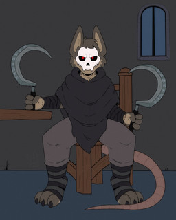 anthro bone bone_mask chair claws clothing costume furniture male mask rat_tail red_eyes sickle sitting skull skull_mask solo tail wolfyzeeb dreamworks puss_in_boots_(franchise) death_(puss_in_boots) polar_(polareclipsed) canid canine canis domestic_dog mammal murid murine rat rodent 4:5 hi_res