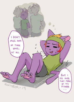 anthro athletic bandana_on_head bodily_fluids dialogue exercise exercise_clothing eyes_closed flashback group hair male motion_lines pawpads simple_background speech_bubble sweat sweatdrop text thought_bubble young young_anthro young_male strayrozerem roze_(strayrozerem) domestic_cat felid feline felis mammal artist_name english_text hi_res