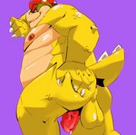 against_surface against_wall anthro anus balls bodily_fluids butt genital_fluids genitals looking_at_viewer looking_back low-angle_view male nipples nude penis precum slightly_chubby solo spazz_bear mario_bros nintendo bowser koopa scalie hi_res