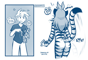 anthro body_control butt casual_nudity clothed clothing dialogue doll duo faceless_character faceless_female female fur holding_object humor interrobang male nude raised_tail rear_view simple_background sound_effects striped_body striped_fur stripes surprised tail text voodoo voodoo_doll white_background conditional_dnp tom_fischbach twokinds flora_(twokinds) trace_legacy felid human keidran mammal pantherine tiger 2020 adobe_photoshop_(artwork) blue_and_white comic digital_media_(artwork) english_text hi_res monochrome sketch