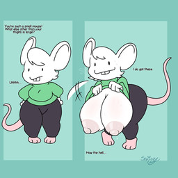 anthro big_breasts bodily_fluids breasts buckteeth clothed clothing clothing_lift female hammerspace hidden_buxom huge_breasts hyper hyper_breasts nipples no_bra shirt shirt_lift simple_face slightly_chubby solo sweat sweatdrop sweater teeth topwear white_body snazzle_snapp mammal mouse murid murine rodent hi_res
