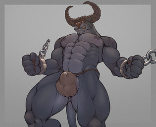 abs anthro balls_outline bodily_fluids bound bulge chain chained clothed clothing countershading cuff_(restraint) detailed_bulge genital_fluids genital_outline grey_body low-angle_view male muscular muscular_arms muscular_legs muscular_male pecs precum precum_through_clothing precum_through_underwear restraints solo teeth_showing underwear underwear_only vein veiny_muscles wet wet_clothing wrist_cuffs suchmim european_mythology greek_mythology mythology bovid bovine mammal minotaur 2021 hi_res