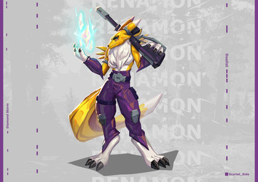 anthro armwear belt big_breasts black_sclera blue_body bottomwear breasts claws clothed clothing diamond_(gem) digitigrade feet female fur gem holding_object holding_weapon looking_at_viewer magic markings pants purple_bottomwear purple_clothing purple_pants ranged_weapon rim_light smile solo stylized tail under_boob weapon weapon_on_shoulder white_body white_fur yellow_body yellow_fur scarlet_side bandai_namco digimon riot_games tencent valorant digimon_(species) mammal renamon digital_media_(artwork) hi_res