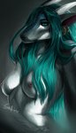 anthro breasts ear_piercing ear_ring female fur green_eyes green_hair hair horn nipples nude piercing ring_piercing simple_background solo standing white_body white_fur safiru yahiri hybrid mammal varakyn 2020 digital_media_(artwork)