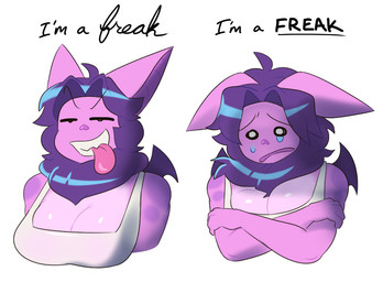 anthro aroused bodily_fluids breasts cleavage clothed clothing crossed_arms crying duality female sad shirt solo tank_top tears tongue tongue_out topwear tentabat tenta_(tentabat) bat goo_creature hybrid mammal 2025 digital_media_(artwork) meme