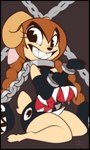 anthro barefoot big_breasts black_border border bovid_horn breasts brown_body brown_fur caprine_horn chain clothed clothed_anthro clothed_female clothing collar feet female fur grey_collar grin hair horn kneeling long_hair metal_collar orange_hair ram_horn sharp_teeth smile solo tail teeth lavenderrose mario_bros nintendo aster_(phatman1201) bovid caprine chain_chomp mammal sheep 2023 absurd_res hi_res