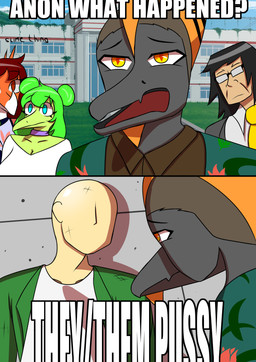anthro black_hair blue_eyes breasts brown_hair choker cleavage clothed clothing duo_in_panel faceless_character faceless_human faceless_male female green_hair group hair hair_bun jacket jewelry looking_at_another looking_at_viewer male necklace necktie on_ground red_eyes shirt shitpost snout text tongue topwear slime_thing cavemanon_studios goodbye_volcano_high ko_op_(game_developer) snoot_game they/them_pussy anon_(snoot_game) naser_(gvh) principal_spears rosa_(gvh) stella_(gvh_beta) aquilops ceratopsian dinosaur human mammal marginocephalian ornithischian prehistoric_species pterosaur reptile scalie stegosaurian stegosaurus thyreophoran absurd_res colored comic english_text hi_res impact_(font) meme