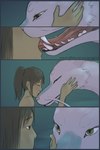 bestiality brown_hair duo eyes_closed female feral french_kissing fur green_body green_eyes green_fur hair holding_face human_on_feral interspecies kissing long_tongue male male/female night sharp_teeth size_difference teeth tongue whiskers white_body peregr1ne ghibli mythology spirited_away chihiro_ogino haku_(spirited_away) dragon eastern_dragon human mammal mythological_creature mythological_scalie scalie 2:3 comic hi_res