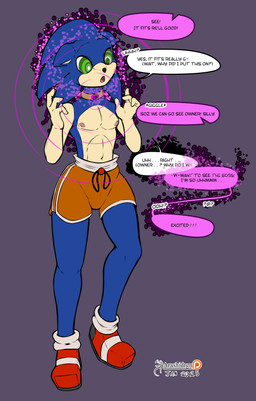 clothed clothing femboy fur green_eyes hypnosis male mind_control nipples solo speech_bubble text arashidrgn sega sonic_the_hedgehog_(series) sonic_the_hedgehog eulipotyphlan hedgehog mammal 2025 absurd_res comic english_text hi_res