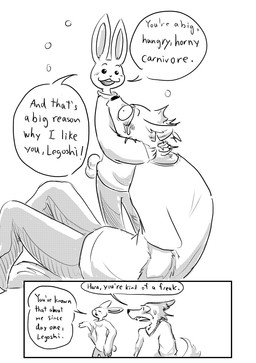 anthro blush bodily_fluids bottomwear buckteeth clothing dialogue duo female hug male notched_ear pants shirt sitting standing sweat sweater t-shirt tail tail_motion tailwag teeth text topwear dragonweirdo beastars haru_(beastars) legoshi_(beastars) canid canine canis lagomorph leporid mammal rabbit wolf absurd_res comic english_text hi_res monochrome