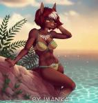 5_fingers anthro areola bikini breasts clothed clothing eyelashes female fingers midriff navel nipple_outline pointy_ears prick_ears rock smile solo standing swimwear tattoo two-piece_swimsuit water yellow_eyes imanika daisy_laine canid canine canis dobermann domestic_dog mammal pinscher 2019 digital_media_(artwork)