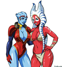 big_breasts blue_body blue_eyes blue_skin bottomwear bra breasts cleavage clothed clothing collarbone duo eyebrows eyelashes female glistening glistening_body glistening_breasts glistening_skin hand_on_hip lekku_(anatomy) leotard loincloth markings navel not_furry red_body red_skin smile underwear jaywilliamzart bioware electronic_arts mass_effect star_wars samara shaak_ti alien alien_humanoid asari humanoid togruta 2026 absurd_res hi_res