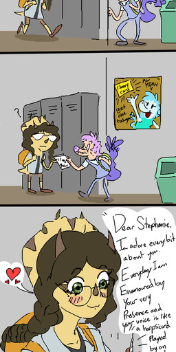 anthro backpack blush braided_hair brown_hair clothed clothing duo eyewear facial_horn feathers female glasses green_eyes hair heart_symbol horn locker male school tail tail_feathers text trash_can yellow_body unknown_artist cavemanon_studios goodbye_volcano_high ko_op_(game_developer) snoot_game sage_(gvh) stephanie_(snoot_game) ceratopsian ceratopsid chasmosaurine dinosaur dromaeosaurid feathered_dinosaur feathered_scalie humanoid mammal marginocephalian microraptor ornithischian prehistoric_species reptile saurischian scalie theropod triceratops comic english_text hi_res