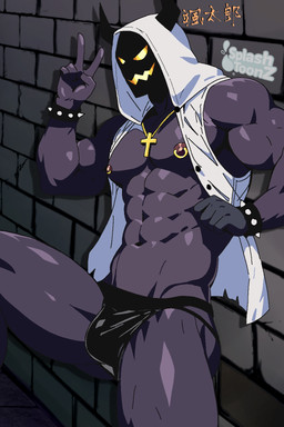 abs big_muscles big_pecs black_clothing black_underwear bracelet bulge clothed clothing colored_skin cross cross_necklace hood_up horn jewelry jockstrap looking_at_viewer male muscular muscular_male navel necklace nipple_piercing nipples pantsless partially_clothed pecs piercing solo spikes thick_thighs underwear splashtoonz demon humanoid 2:3 hi_res