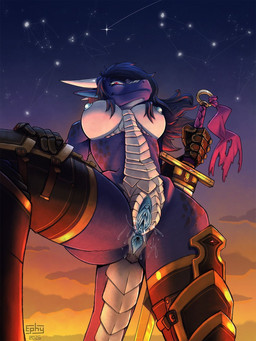 anthro anus areola armor bodily_fluids breasts clothing constellation female gauntlets genital_fluids genitals gloves handwear horn low-angle_view melee_weapon nipples non-mammal_breasts non-mammal_nipples shin_guards shooting_star solo star sword vaginal_fluids vulva weapon worm's-eye_view ephy mythology weredog_(copyright) sapphire_(weredog) dragon mythological_creature mythological_scalie scalie hi_res