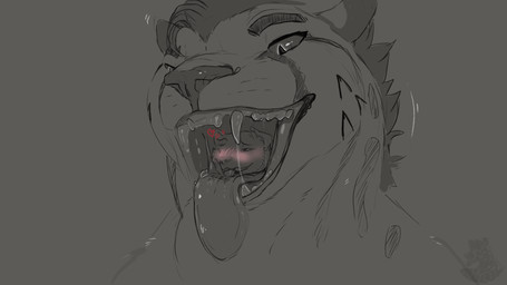 anthro blush bodily_fluids duo heart_symbol looking_pleasured male male/male oral_vore saliva teeth tongue vore nolow nolow_(character) canid canine canis cheetah felid feline mammal wolf 2024 hi_res