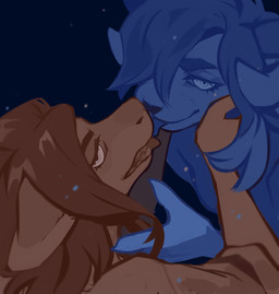 anthro anthro_on_anthro duo ears_back eyelashes female female/female french_kissing hand_on_cheek horn kissing looking_at_viewer mouth_closed narrowed_eyes pivoted_ears tongue tongue_out unsigned corzh77 absurd_res hi_res restricted_palette
