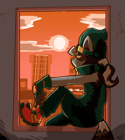 anthro black_body black_bottomwear black_clothing black_eyes black_footwear black_fur black_pants black_shoes bottomwear clothing fingerless_gloves footwear fur gloves green_clothing green_gloves green_handwear green_hat green_headwear green_jacket green_topwear grey_body grey_fur grey_hair hair handwear hat headgear headwear jacket jacket_vest male pants ponytail red_clothing red_footwear red_shoes shoes side_view sitting solo sunset text text_on_clothing text_on_hat text_on_headwear topwear vest white_clothing white_footwear white_shoes window_sill felino trick_(tricktrashing) mammal procyonid raccoon 2021 hi_res japanese_text