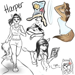 anthro beach bottomwear brown_body brown_fur brown_hair clothing cooking dream exercise female fluffy fluffy_tail fur hair jogging midriff navel neck_tuft outside ponytail seaside shirt shorts sleeping solo tail tank_top topwear towel tuft wet_hair fairdahlia harper_(fairdahlia) canid canine canis coyote mammal 1:1 black_and_white monochrome sketch
