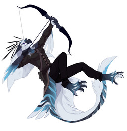 anthro arrow_(weapon) barefoot black_bottomwear black_clothing black_pants blue_body blue_feathers bottomwear bow_(weapon) clothed clothing feathers feet female glistening glistening_eyes mouth_closed pants purple_eyes ranged_weapon simple_background solo topwear unsigned weapon white_background white_body white_feathers corzh77 species_request absurd_res full-length_portrait hi_res portrait