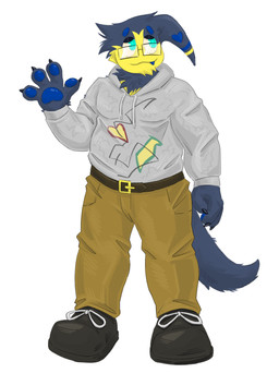 1_horn anthro black_claws blue_body blue_pawpads claws clothing eyewear facial_tuft fangs fur gesture glasses hand_gesture head_tuft horn male multicolored_body multicolored_fur pawpads ruff slightly_chubby solo tail teeth tuft waving cvinodor regretevator roblox the_axolotl_sun buttondrop_(regretevator) horned_humanoid humanoid zumae absurd_res hi_res model_sheet trans_(lore) trans_man_(lore)