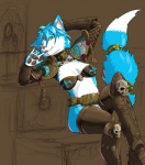 adepta_sororitas anthro armor bikini_armor biped bite blue_body blue_fur blue_hair brown_background clothed clothing cosplay crossover_cosplay dangerous female fur green_eyes hair jewelry pawpads paws simple_background sitting skimpy smile solo unconvincing_armor white_body white_fur hattonslayden nintendo star_fox warhammer_(franchise) warhammer_40000 krystal_(star_fox) sister_of_battle canid canine fox mammal crossover