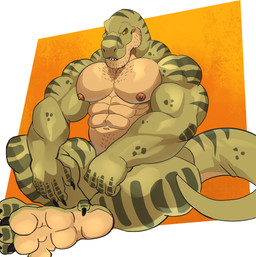 abs anthro biceps body_hair chest_hair claws countershade_face countershade_torso countershading crossed_legs deltoids feet forearm_muscles green_body looking_at_viewer male muscular muscular_anthro muscular_male nipples non-mammal_nipples nude_anthro nude_male pecs sitting soles solo stripes stubble tail toes trapezius triceps yellow_eyes darknaigart jace_(darknaig) dinosaur prehistoric_species reptile saurischian scalie theropod tyrannosaurid tyrannosauroid tyrannosaurus tyrannosaurus_rex 2025 absurd_res hi_res