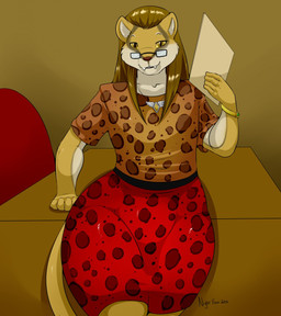 ambiguous_gender animal_print anthro belt black_lips bottomwear bracelet brown_background brown_clothing brown_eyes brown_hair brown_nose brown_topwear chair clothed clothing crossdressing desk eyewear fangs femboy folder fur furniture gem glasses hair hand_on_desk holding_object jewelry leaning leaning_on_desk leopard_print lips long_hair looking_at_viewer multicolored_body multicolored_fur necklace office_chair pattern_clothing red_bottomwear red_clothing red_skirt simple_background skirt smile solo spots spotted_clothing table teeth thick_thighs topwear two_tone_body two_tone_face two_tone_fur wall_(structure) white_body white_face white_fur wide_hips yellow_body yellow_face yellow_fur yellow_sclera nightfaux leorajh_(aurastrasza) felid feline lion mammal pantherine 2015 digital_media_(artwork) hi_res portrait signature three-quarter_portrait male_(lore)