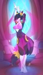 anthro barefoot belly_dancer belly_dancer_outfit black_body black_fur black_hair breasts clothing dancer_girl feet female fur hair inside looking_at_viewer navel pillow pink_clothing smile solo tail anifansy canid mammal 2023 digital_media_(artwork) hi_res