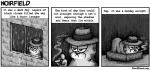 cigarette clothing hat headgear headwear humor inside raining smoking sulking text water window pandyland garfield_(series) garfield_the_cat domestic_cat felid feline felis mammal comic english_text monochrome url