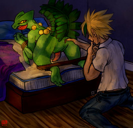 3_toes bdsm bodily_fluids bondage bound dominant dominant_male duo erection feet feral genital_fluids genitals green_body hindpaw imminent_sex interspecies male male/male paws penis plantigrade pokephilia precum soles submissive submissive_male toes haychel nintendo pokemon kynexn tensa generation_3_pokemon human mammal pokemon_(species) sceptile 2012 digital_media_(artwork) hi_res source_request