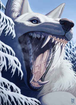 ambiguous_gender anthro black_lips black_nose blue_eyes bodily_fluids canine_teeth carnassials fur glistening glistening_eyes incisors lips mouth_shot open_mouth outside saliva saliva_on_tongue saliva_string snow solo white_body white_fur white_inner_ear riorix canid mammal 2024 dated hi_res