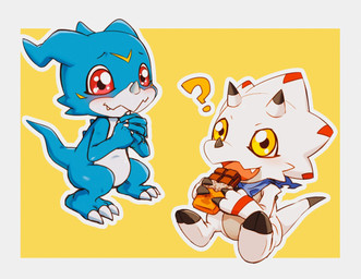 anthro blue_body candy chibi chocolate claws dessert duo eating food horn kerchief male question_mark red_eyes solo white_body yellow_eyes asin_567 bandai_namco digimon digimon_ghost_game digimon_(species) gammamon veemon