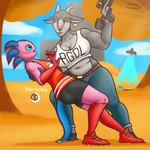 anthro big_breasts blush bottomwear breasts cleavage clothed clothing crop_top denim denim_bottomwear denim_clothing duo ear_piercing ear_tag female fin footwear fur grey_body grey_fur gun holding_gun holding_object holding_ranged_weapon holding_weapon hotpants jeans male male/female muscular muscular_female pants piercing pink_body pink_skin ranged_weapon rifle shield_potion shirt shoes shorts slightly_chubby sneakers sniper_rifle strong_female tank_top topwear weapon oystercatcher7 coffee_stain_studios epic_games fortnite goat_simulator axo_(fortnite) pilgor_(goat_simulator) amphibian axolotl bovid caprine goat mammal marine mole_salamander salamander 1:1 hi_res