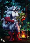 abs anthro balls big_balls big_muscles big_penis black_hair blue_body blue_fur blue_hair campfire clothed clothed/nude clothed_male clothing duo food fur genitals hair holding_partner human_on_anthro interspecies larger_anthro larger_male long_hair male male/male multicolored_body multicolored_fur muscular night nipples nude open_mouth pecs penis red_body red_fur size_difference white_body white_fur nexus campfire_cooking_in_another_world_with_my_absurd_skill fel_(fenrir) mukoda_tsuyoshi canid canine canis human mammal wolf hi_res signature