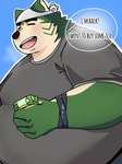 anthro beverage blush clothing eyebrows fur green_body green_fur kerchief male overweight overweight_male shirt solo t-shirt tea text thick_eyebrows topwear gonda_29 lifewonders live_a_hero mokdai canid canine canis domestic_dog mammal 3:4 english_text hi_res